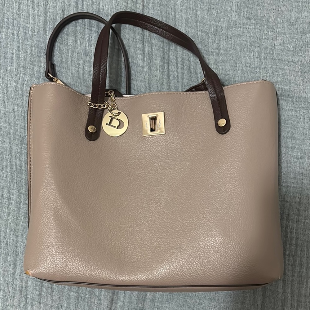 Dune London Tan and Brown Tote Bag with Gold Accents